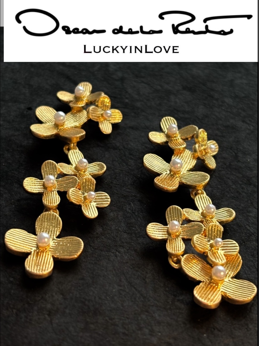 Oscar de la Renta • Gold Hydrangea Crystal Pearl Cascade Earrings - Picture 2 of 10